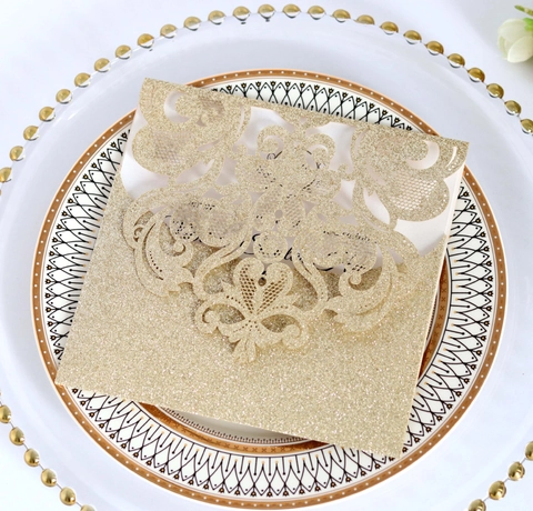 Laser Cut Glitter Wedding Invitations Pearlescent Paper Hollow Rose Gold Invitation Cards For Wedding Birthday Party Ceremony