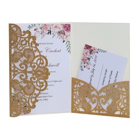 Laser Cut Wedding Invitation Cards Glitter Pearl Paper European Style With Envelope Inner Sheet For Engagement Party