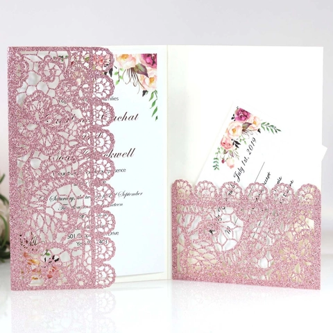 Biglietti d'Invito per Matrimonio Tagliati al Laser Glitter Con Buste e Fogli Interni Biglietti d'Auguri Cavi in Pizzo Floreale