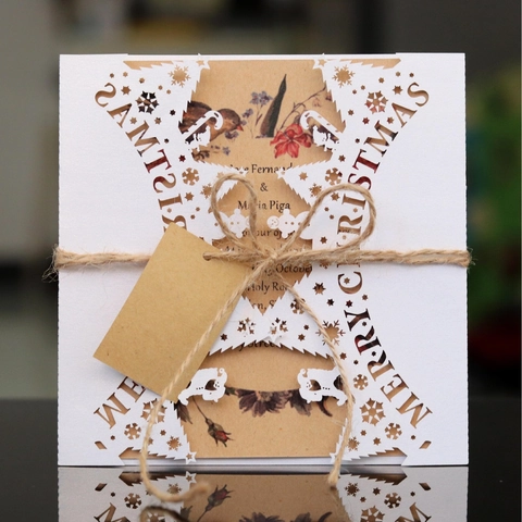 Merry Christmas Laser Cut Invitation Cards Pearlescent Paper Snowflake Reindeer Pattern Holiday Greeting Ornament Gift