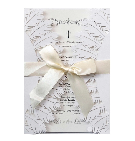 Eleganti Biglietti d'Invito per Matrimonio a Forma di Piuma con Taglio Laser in Carta Perlata Biglietto d'Auguri con Fiocco