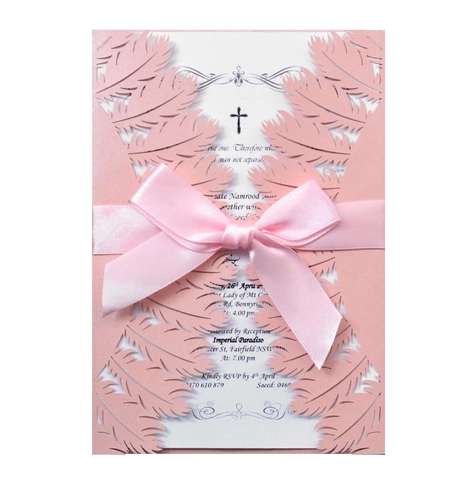 Eleganti Biglietti d'Invito per Matrimonio a Forma di Piuma con Taglio Laser in Carta Perlata Biglietto d'Auguri con Fiocco