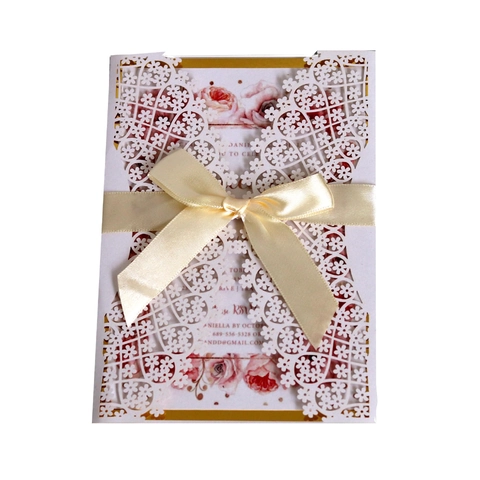 Eleganti Inviti di Nozze Europei con Taglio Laser in Carta Perlata Design Floreale Traforato con Fiocco in Raso per Anniversario Festa