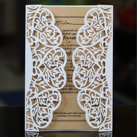 Elegante Europese Laser Gesneden Bruiloft Uitnodigingen Witte Opengewerkte Bloemenkaart Met Kraftpapier Binnenblad Envelop En Hennep Touw
