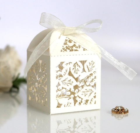 Scatola per Caramelle Intagliata al Laser con Foglia Carta Perlata Scatola per Matrimonio Confezione Regalo con Nastro per Festa