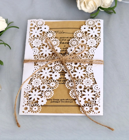 Laser Gesneden Florale Bruiloft Uitnodigingen Inclusief Kraft Binnenkaart Envelop en Hennep Touw Europese Vintage Uitnodiging