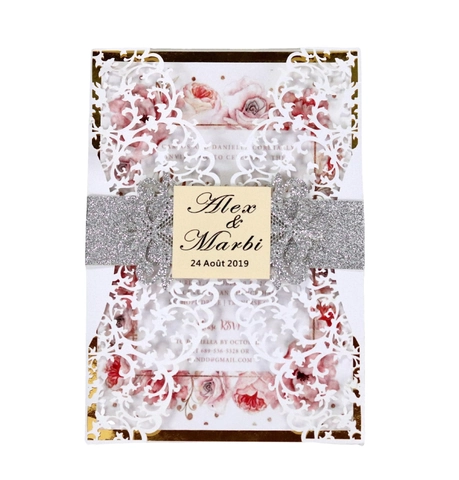 Inviti di Nozze a Taglio Laser Stile Europeo Pizzo Floreale Carte Con Cintura Glitter Biglietti d'Auguri Personalizzati