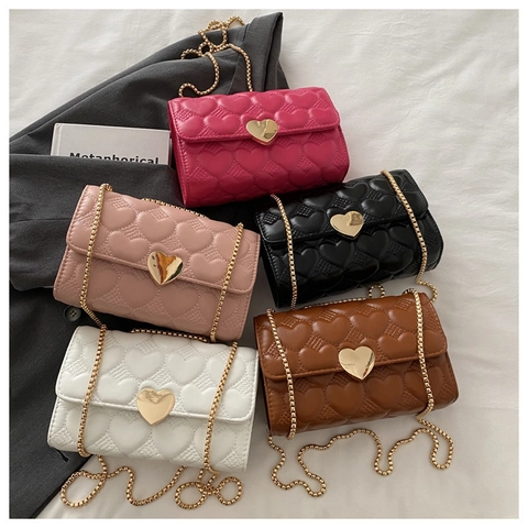 Damen Herz Gesteppte Kette Umhängetasche PU Leder Crossbody Kleine Quadratische Tasche Mit Herzschloss Mode Alltag