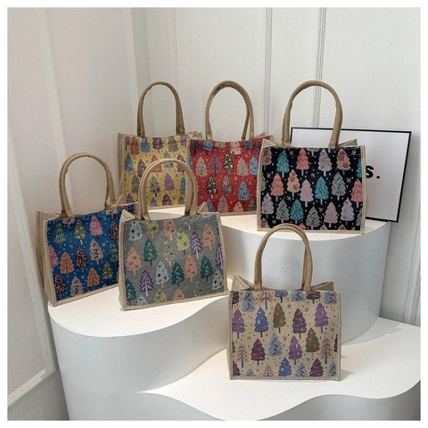 Sac Cabas en Jute Motif Sapin de Noël pour Femme Sac à Bandoulière Tissé Jacquard Grande Capacité Sac à Main de Shopping de Vacances Décontracté
