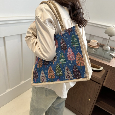 Sac Cabas en Jute Motif Sapin de Noël pour Femme Sac à Bandoulière Tissé Jacquard Grande Capacité Sac à Main de Shopping de Vacances Décontracté