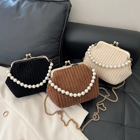 Vintage Cord Kiss-lock Umhängetasche Für Damen Mit Künstlichem Perlengriff Metallkette Kleine Plissierte Quadratische Tasche
