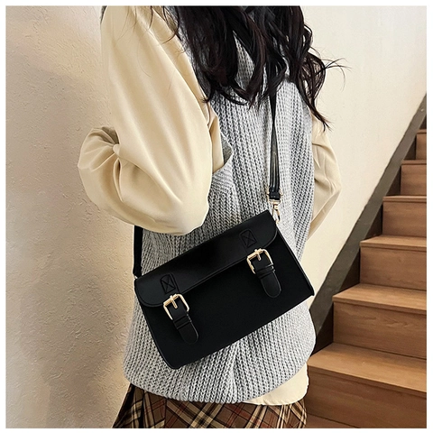 Retro PU Leather Crossbody Bag For Women Fashion Square Flap Shoulder Bag With Double Buckle Casual Commuting Handbag