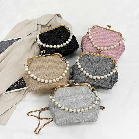 Vintage Women's PU Leather Glitter Evening Bag With Artificial Pearl Handle Metal Kiss Lock Chain Shoulder Bag For Party
