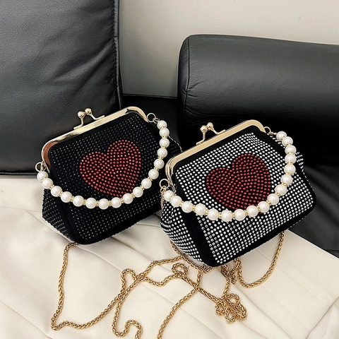 Borsa da Sera a Forma di Cuore con Strass e Conchiglia con Manico in Perle Artificiali Catena in Metallo per Donna