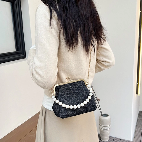Vintage Women's PU Leather Glitter Evening Bag With Artificial Pearl Handle Metal Kiss Lock Chain Shoulder Bag For Party