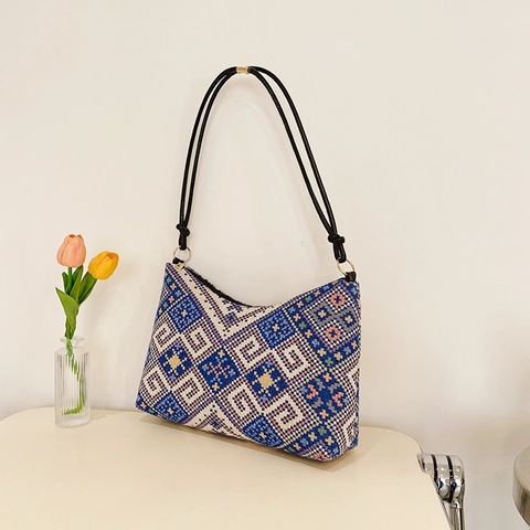 Ethno Boho Bestickte Gewebte Achsel Schultertasche Für Damen Retro Geometrisches Muster PU Lederband Kette Messenger Handtasche Täglich Reise