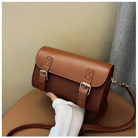 Retro PU Leather Crossbody Bag For Women Fashion Square Flap Shoulder Bag With Double Buckle Casual Commuting Handbag