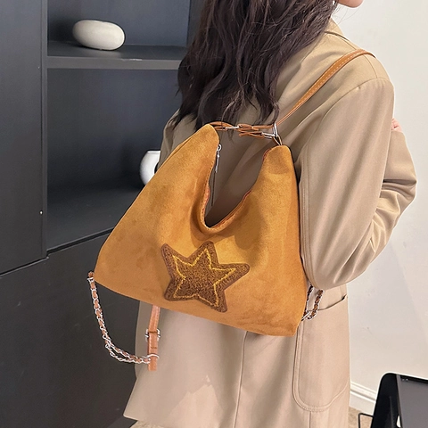 Borsa Tote in Camoscio Vintage con Toppa a Stella Grande Capacità Retrò Borsa a Spalla con Tracolla a Catena Moda Donna