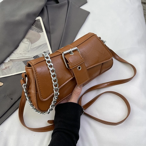 Vintage PU Leather Underarm Bag For Women Minimalist Shoulder Crossbody Bag With Silver Chain Square Buckle Flap Purse