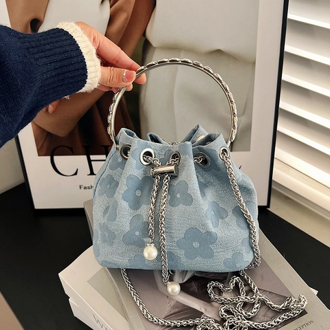 Borsa a Secchiello Jacquard Floreale da Donna in Nylon Con Perle Artificiali Strass Catena in Metallo Borsa a Tracolla Per Pendolarismo