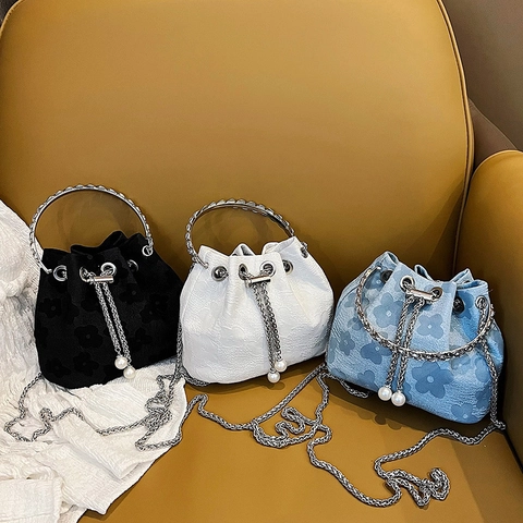 Borsa a Secchiello Jacquard Floreale da Donna in Nylon Con Perle Artificiali Strass Catena in Metallo Borsa a Tracolla Per Pendolarismo
