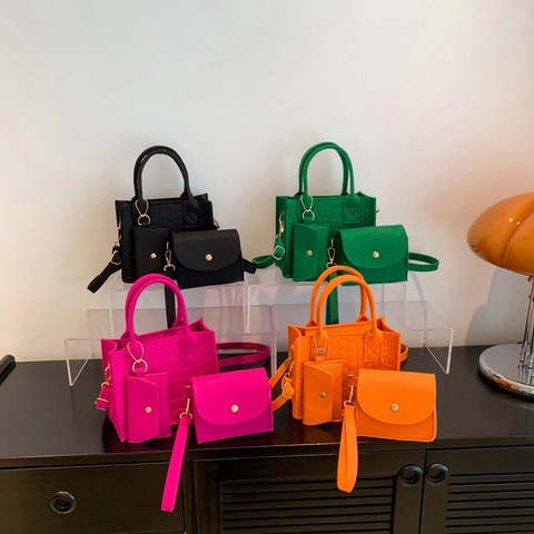Sac à Bandoulière en Feutre pour Femme Motif Crocodile Avec Pochette et Porte-monnaie Sac à Main Décontracté Couleur Unie