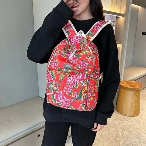 Ethno-Blumen-Leinwand-Rucksack für Damen Traditioneller Pfingstrosen-Druck Freizeit-Reise-Tagesrucksack Retro Große Kapazität Schultasche