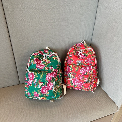 Ethno-Blumen-Leinwand-Rucksack für Damen Traditioneller Pfingstrosen-Druck Freizeit-Reise-Tagesrucksack Retro Große Kapazität Schultasche