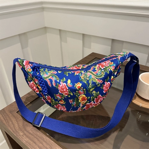 Sac Bandoulière Femme Nylon Style Ethnique Motif Floral Chinois Grande Capacité Sac Demi-Lune Pour Sorties Quotidiennes