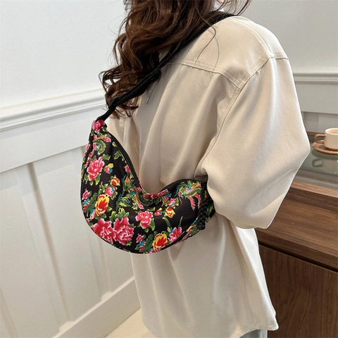 Sac Bandoulière Femme Nylon Style Ethnique Motif Floral Chinois Grande Capacité Sac Demi-Lune Pour Sorties Quotidiennes