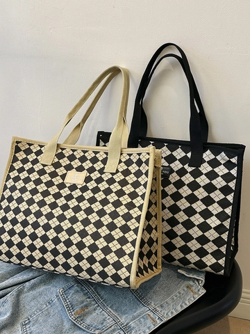 Bolso Tote de Lona Gran Capacidad para Mujer Patrón de Cuadros Diamante Minimalista Urbano Bolso de Hombro Casual Viaje Bolso