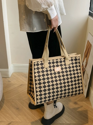 Bolso Tote de Lona Gran Capacidad para Mujer Patrón de Cuadros Diamante Minimalista Urbano Bolso de Hombro Casual Viaje Bolso