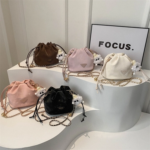 Women Fashion PU Leather Drawstring Bucket Bag Mini Retro Shoulder Bag With Metal Chain Strap Casual Crossbody Handbag