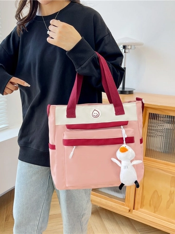 Bolso de Mano de Tutoría para Estudiantes Tela Oxford Bloque de Color Patrón Smiley Bolso Escolar con Colgante de Pato