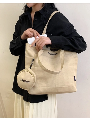 Borsa Tote In Tela Di Grande Capacità Per Donna Borsa A Tracolla Minimalista Per Pendolari Con Stampa Di Lettere E Pendente Tondo