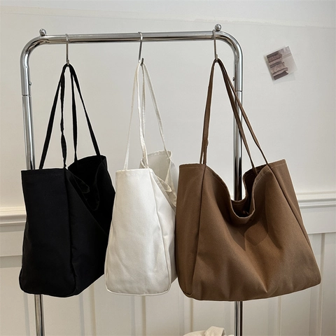 Women Large Capacity Canvas Tote Bag Minimalist Solid Color Shoulder Bag Fashion Commuting Shopping Handbag Daily Use