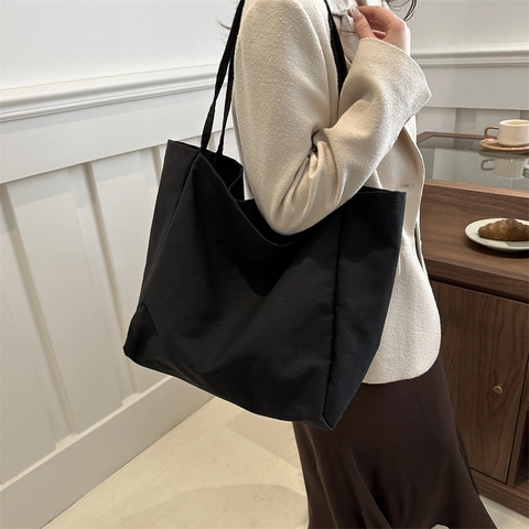 Women Large Capacity Canvas Tote Bag Minimalist Solid Color Shoulder Bag Fashion Commuting Shopping Handbag Daily Use