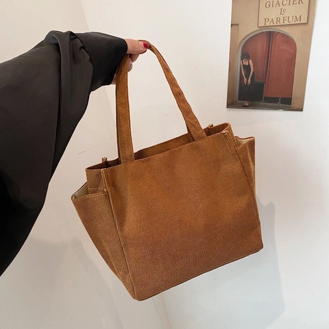 Borsa Tote in Velluto a Coste da Donna Borsa a Mano in Tessuto a Coste Minimalista Borsa a Tracolla da Pendolare Grande Capacità