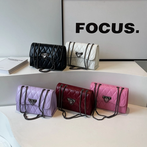 Women Quilted PU Leather Shoulder Bag Retro Diamond Lattice Chain Crossbody Bag Small Square Flap Bag With Metal Buckle