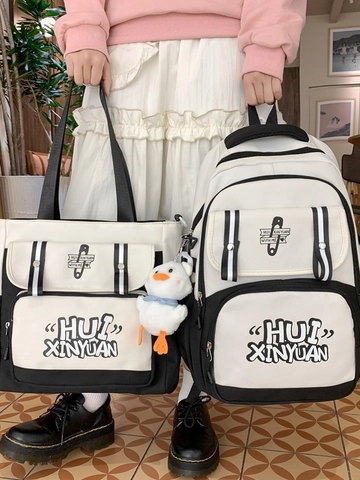 Preppy Style Canvas Backpack For Girls Large Capacity School Bag Letter Print Breathable Travel Daypack Laptop Bag