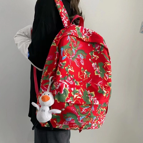 Zaino in Nylon Con Stampa Floreale Grande Capacità Stile Etnico Vintage Cartella Scolastica Zainetto da Viaggio Casual Con Simpatico Anatroccolo Per Studenti