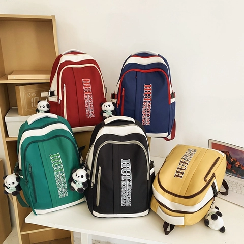 Grote Capaciteit Nylon Schoolrugzak Contrastkleur Waterdicht Studententas Voor Tienermeisjes Casual Reizen Met Panda Hanger