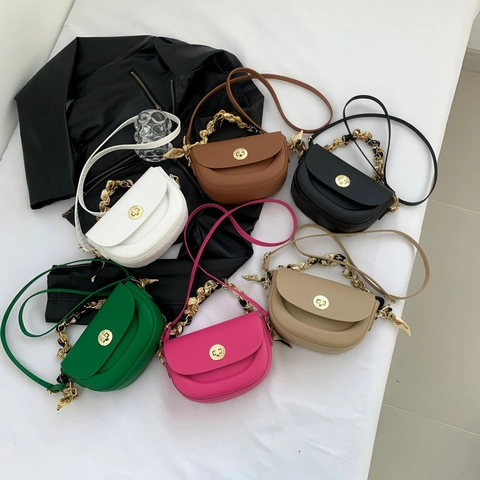 Women Vintage PU Leather Saddle Bag With Scarf Wrap Handle Metal Twist Lock Solid Color Single Shoulder Crossbody Bag