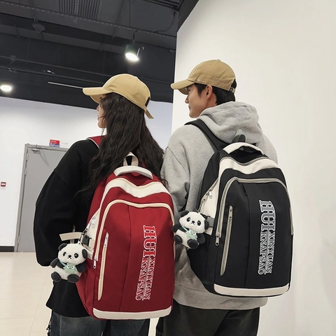 Grote Capaciteit Nylon Schoolrugzak Contrastkleur Waterdicht Studententas Voor Tienermeisjes Casual Reizen Met Panda Hanger