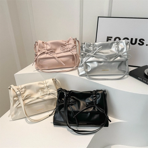 Bolso de Hombro de Cuero PU Fruncido para Mujer Con Lazo Decoración Moda Color Sólido Bolso Bandolera de Gran Capacidad