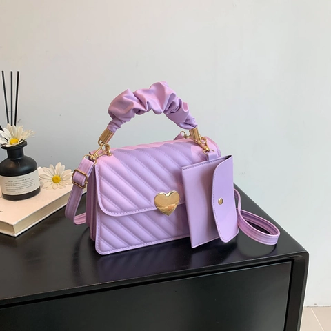 Bolso de Mano Cuadrado de Cuero PU Acolchado para Mujer Con Asa Fruncida Hebilla de Corazón Oro Bandolera Set Pequeño