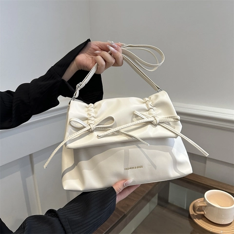 Bolso de Hombro de Cuero PU Fruncido para Mujer Con Lazo Decoración Moda Color Sólido Bolso Bandolera de Gran Capacidad