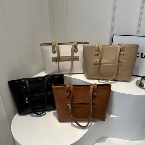 Grand Sac Cabas en Cuir PU pour Femmes Rétro Minimaliste Couleur Unie Sac à Épaule Navette Urbaine Sac à Main Sous le Bras