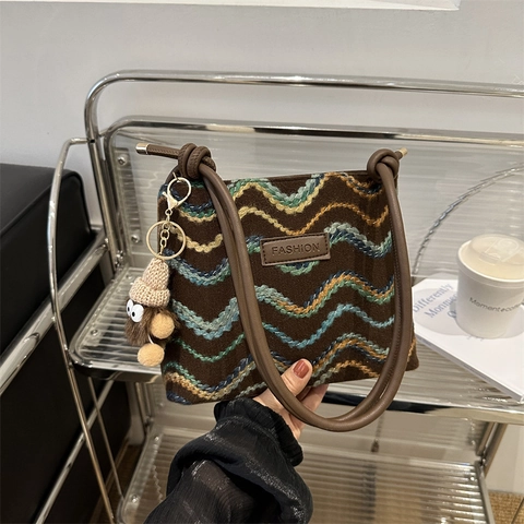 Sac à Épaule Rétro pour Femmes en Toile Patchwork Motif de Vagues Ethniques Mode Quotidien Décontracté Sac Seau Café Sacoche