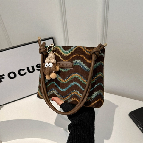 Sac à Épaule Rétro pour Femmes en Toile Patchwork Motif de Vagues Ethniques Mode Quotidien Décontracté Sac Seau Café Sacoche